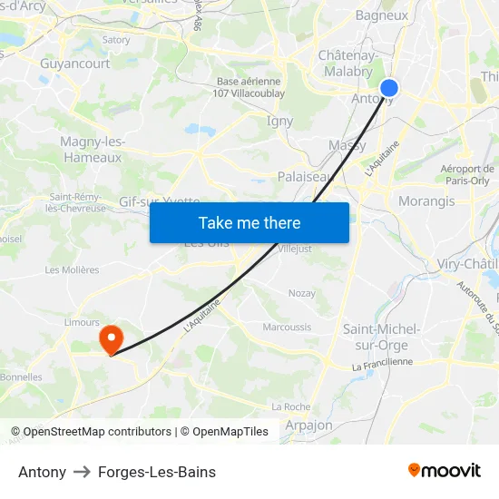 Antony to Forges-Les-Bains map