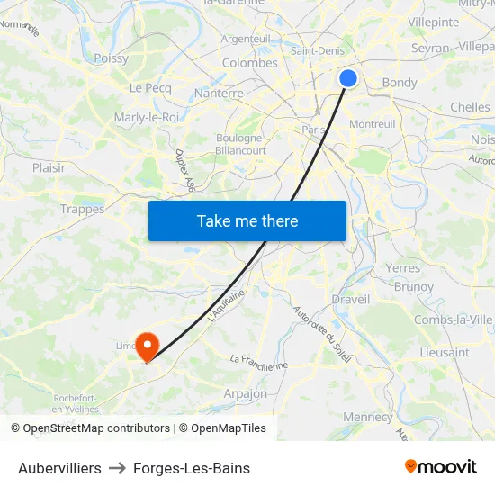 Aubervilliers to Forges-Les-Bains map