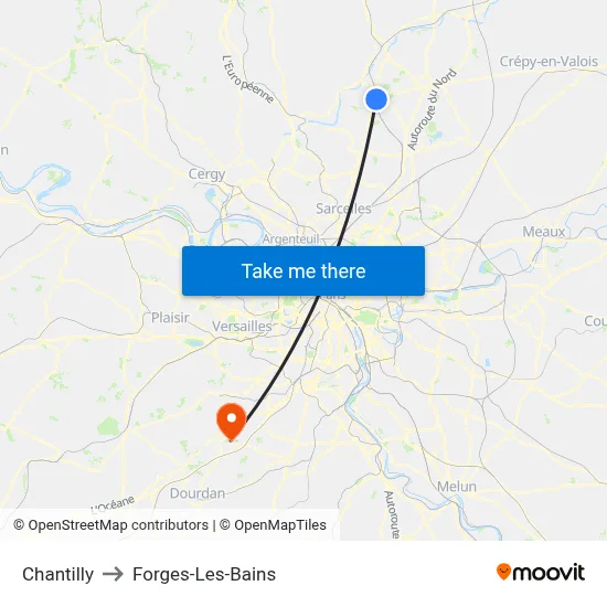 Chantilly to Forges-Les-Bains map