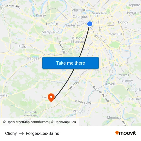 Clichy to Forges-Les-Bains map