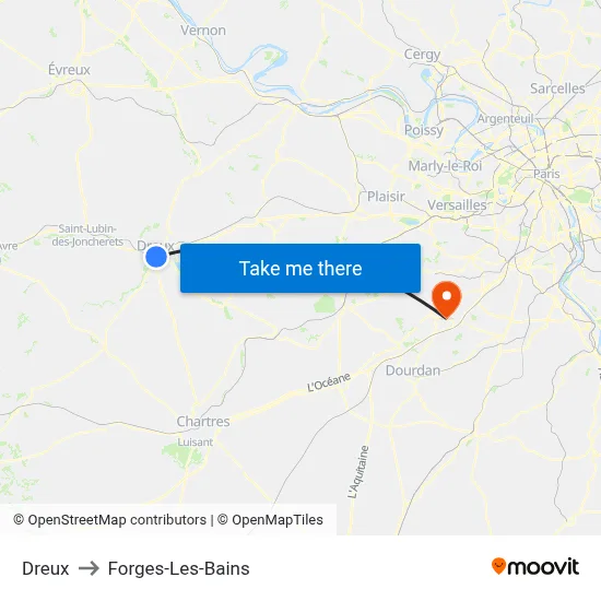 Dreux to Forges-Les-Bains map