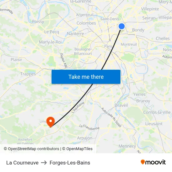 La Courneuve to Forges-Les-Bains map