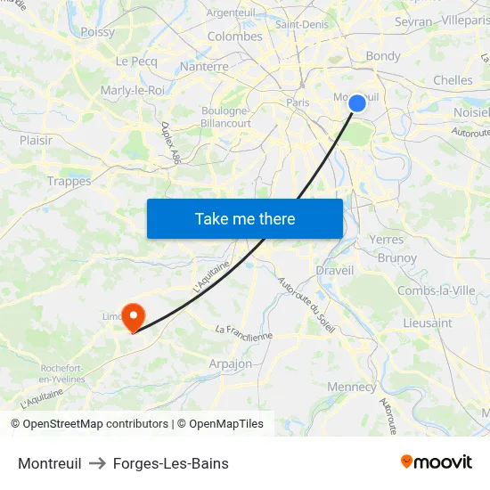 Montreuil to Forges-Les-Bains map