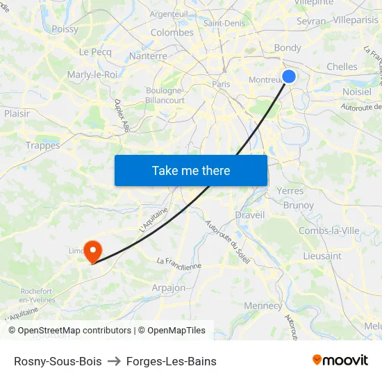 Rosny-Sous-Bois to Forges-Les-Bains map