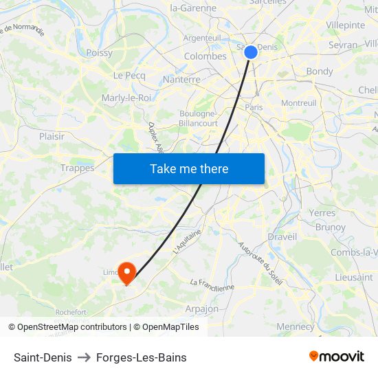 Saint-Denis to Forges-Les-Bains map