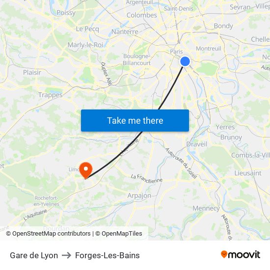 Gare de Lyon to Forges-Les-Bains map