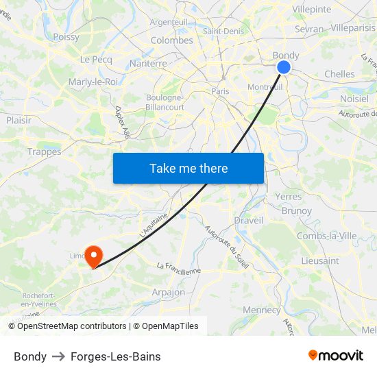 Bondy to Forges-Les-Bains map