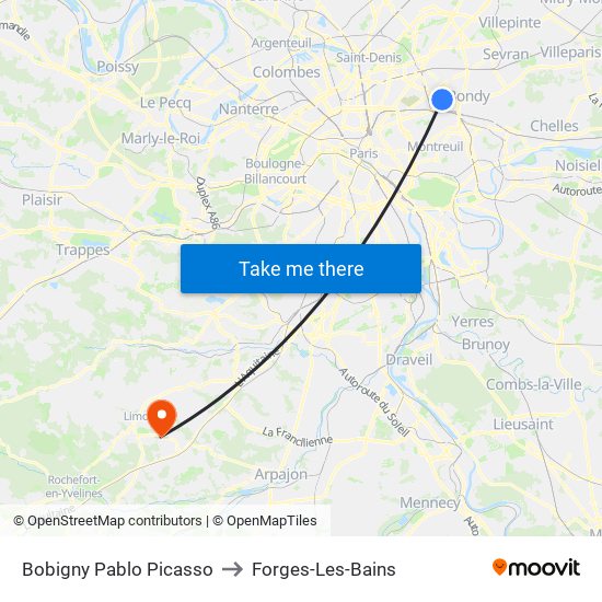 Bobigny Pablo Picasso to Forges-Les-Bains map