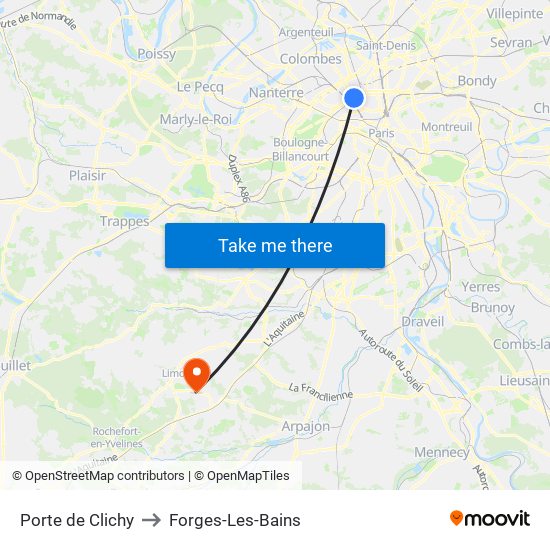 Porte de Clichy to Forges-Les-Bains map