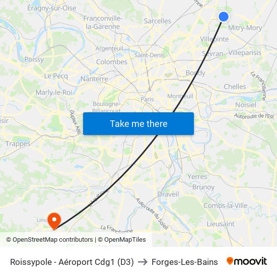 Roissypole - Aéroport Cdg1 (D3) to Forges-Les-Bains map