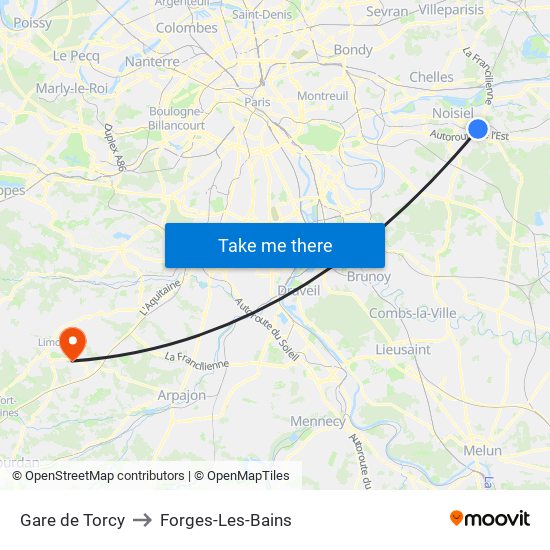 Gare de Torcy to Forges-Les-Bains map