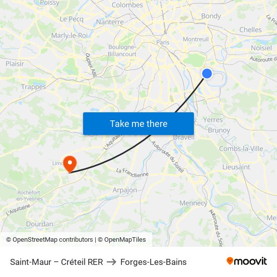 Saint-Maur – Créteil RER to Forges-Les-Bains map