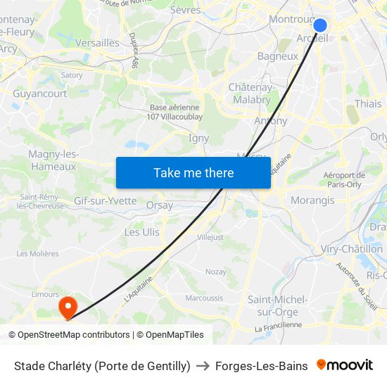 Stade Charléty (Porte de Gentilly) to Forges-Les-Bains map