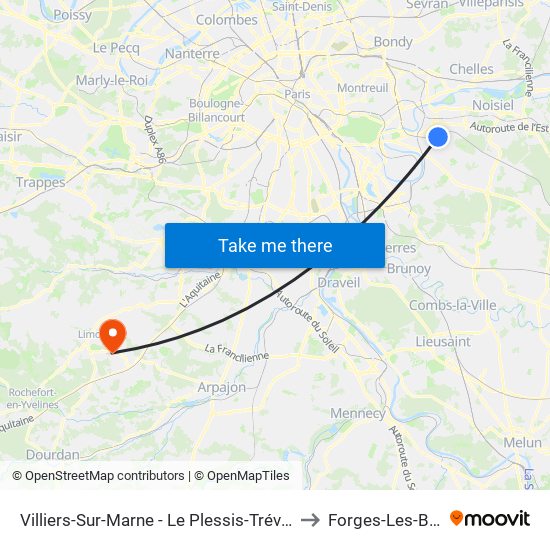 Villiers-Sur-Marne - Le Plessis-Trévise RER to Forges-Les-Bains map