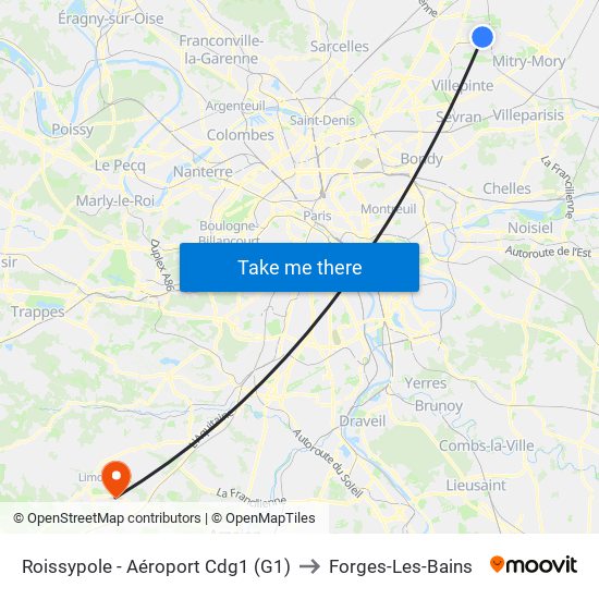 Roissypole - Aéroport Cdg1 (G1) to Forges-Les-Bains map