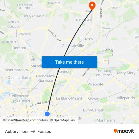 Aubervilliers to Fosses map