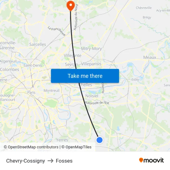 Chevry-Cossigny to Fosses map