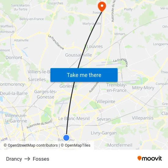 Drancy to Fosses map