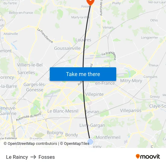 Le Raincy to Fosses map
