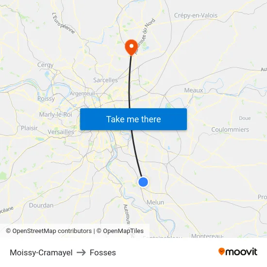 Moissy-Cramayel to Fosses map