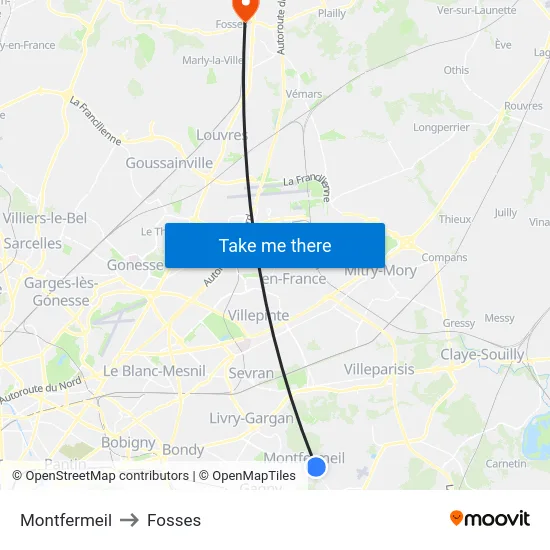 Montfermeil to Fosses map
