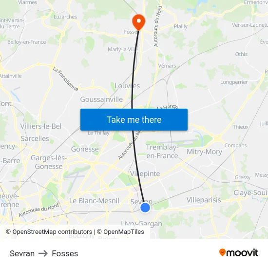 Sevran to Fosses map