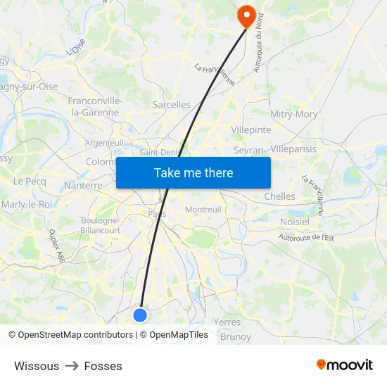 Wissous to Fosses map