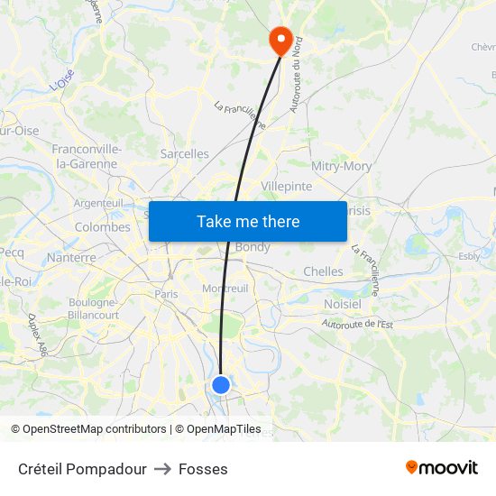 Créteil Pompadour to Fosses map