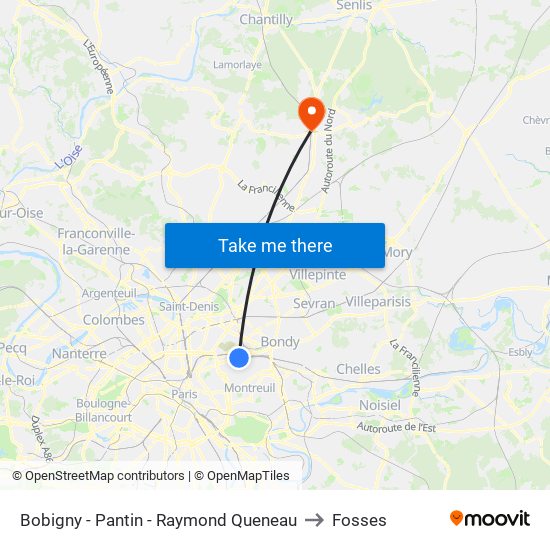 Bobigny - Pantin - Raymond Queneau to Fosses map