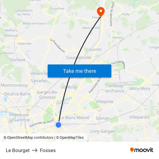 Le Bourget to Fosses map