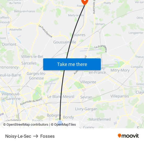 Noisy-Le-Sec to Fosses map