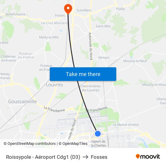 Roissypole - Aéroport Cdg1 (D3) to Fosses map