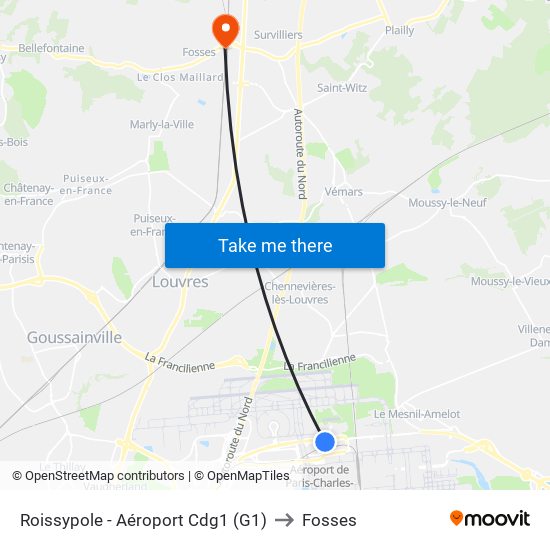Roissypole - Aéroport Cdg1 (G1) to Fosses map