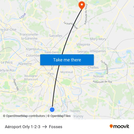 Aéroport Orly 1-2-3 to Fosses map