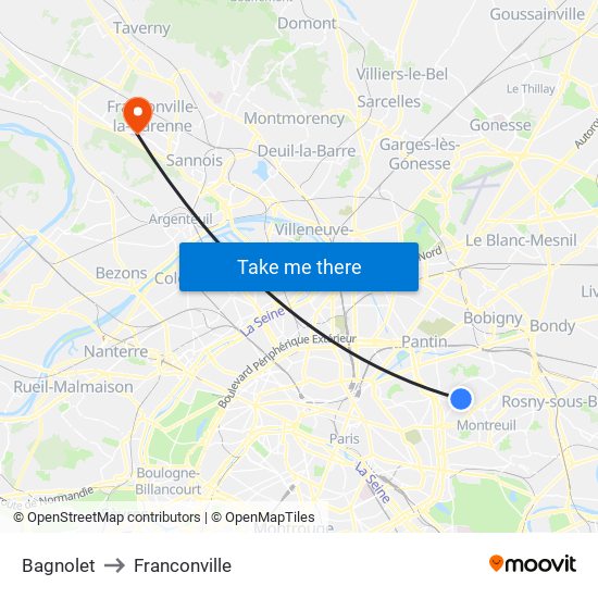 Bagnolet to Franconville map