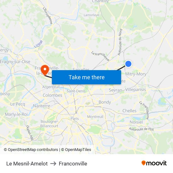 Le Mesnil-Amelot to Franconville map