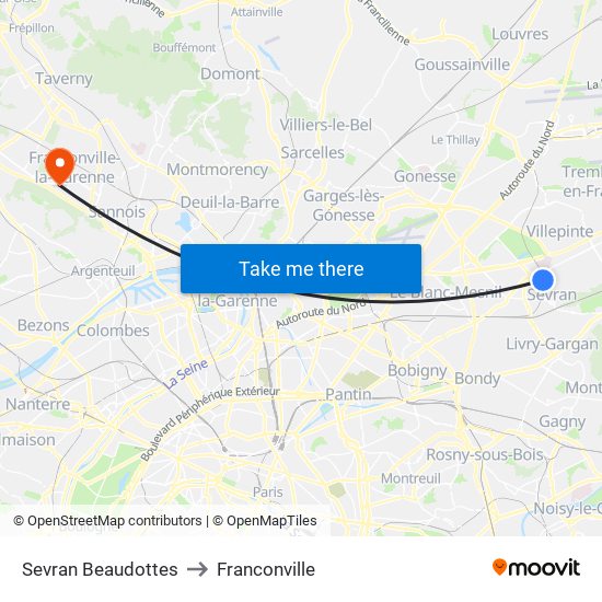 Sevran Beaudottes to Franconville map