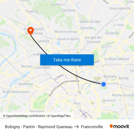 Bobigny - Pantin - Raymond Queneau to Franconville map