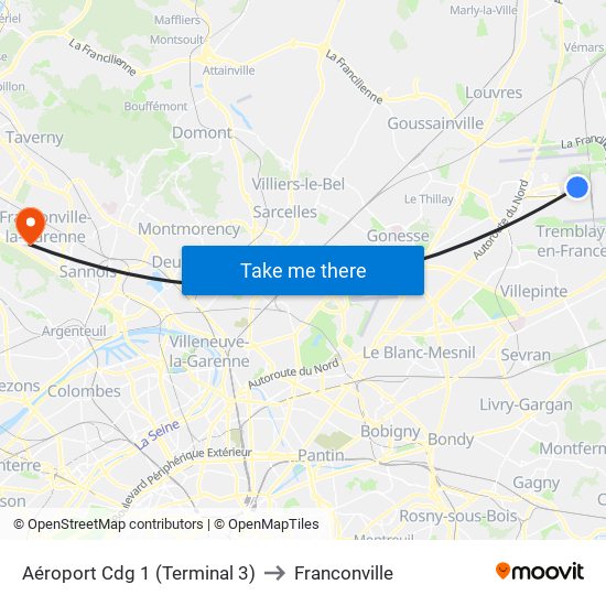 Aéroport Cdg 1 (Terminal 3) to Franconville map