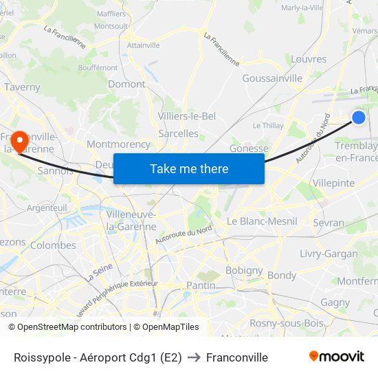Roissypole - Aéroport Cdg1 (E2) to Franconville map