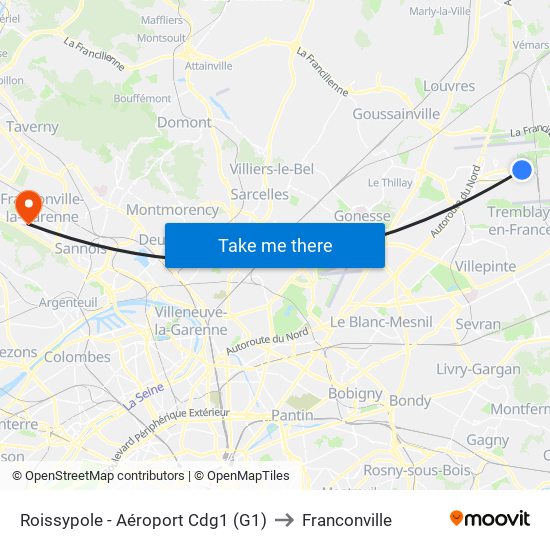 Roissypole - Aéroport Cdg1 (G1) to Franconville map
