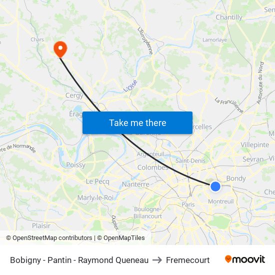 Bobigny - Pantin - Raymond Queneau to Fremecourt map