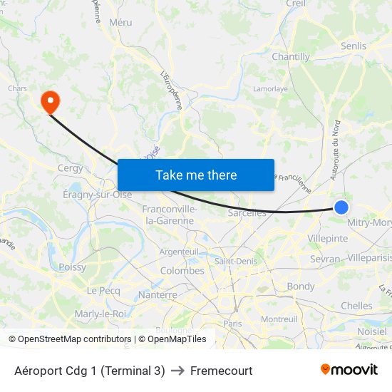 Aéroport Cdg 1 (Terminal 3) to Fremecourt map