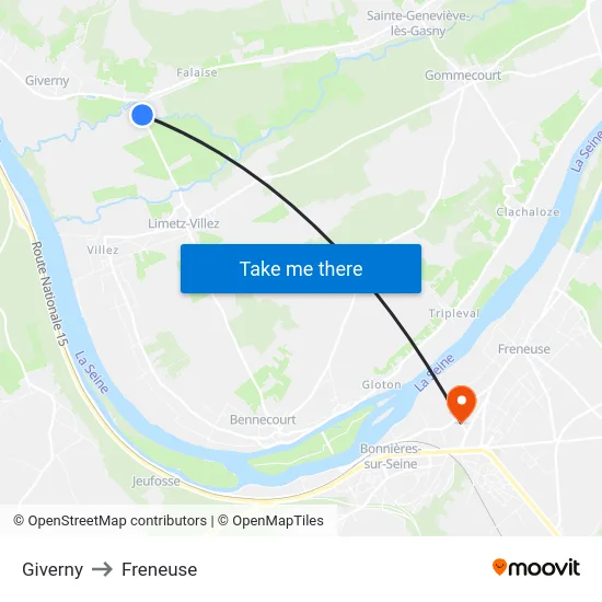 Giverny to Freneuse map