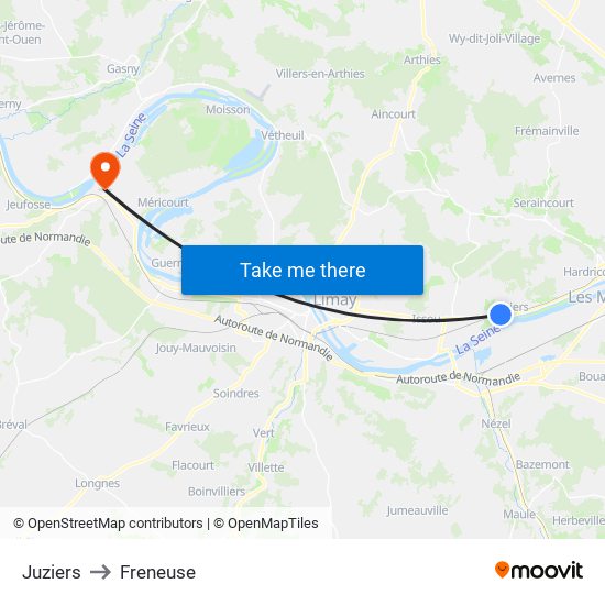 Juziers to Freneuse map
