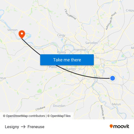 Lesigny to Freneuse map
