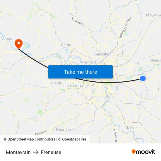 Montevrain to Freneuse map