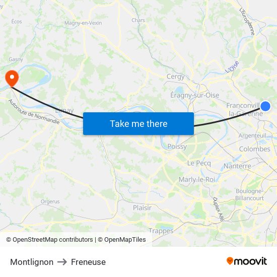 Montlignon to Freneuse map