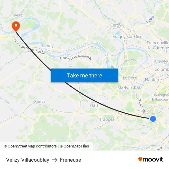 Velizy-Villacoublay to Freneuse map