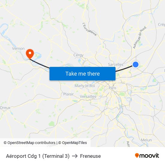 Aéroport Cdg 1 (Terminal 3) to Freneuse map